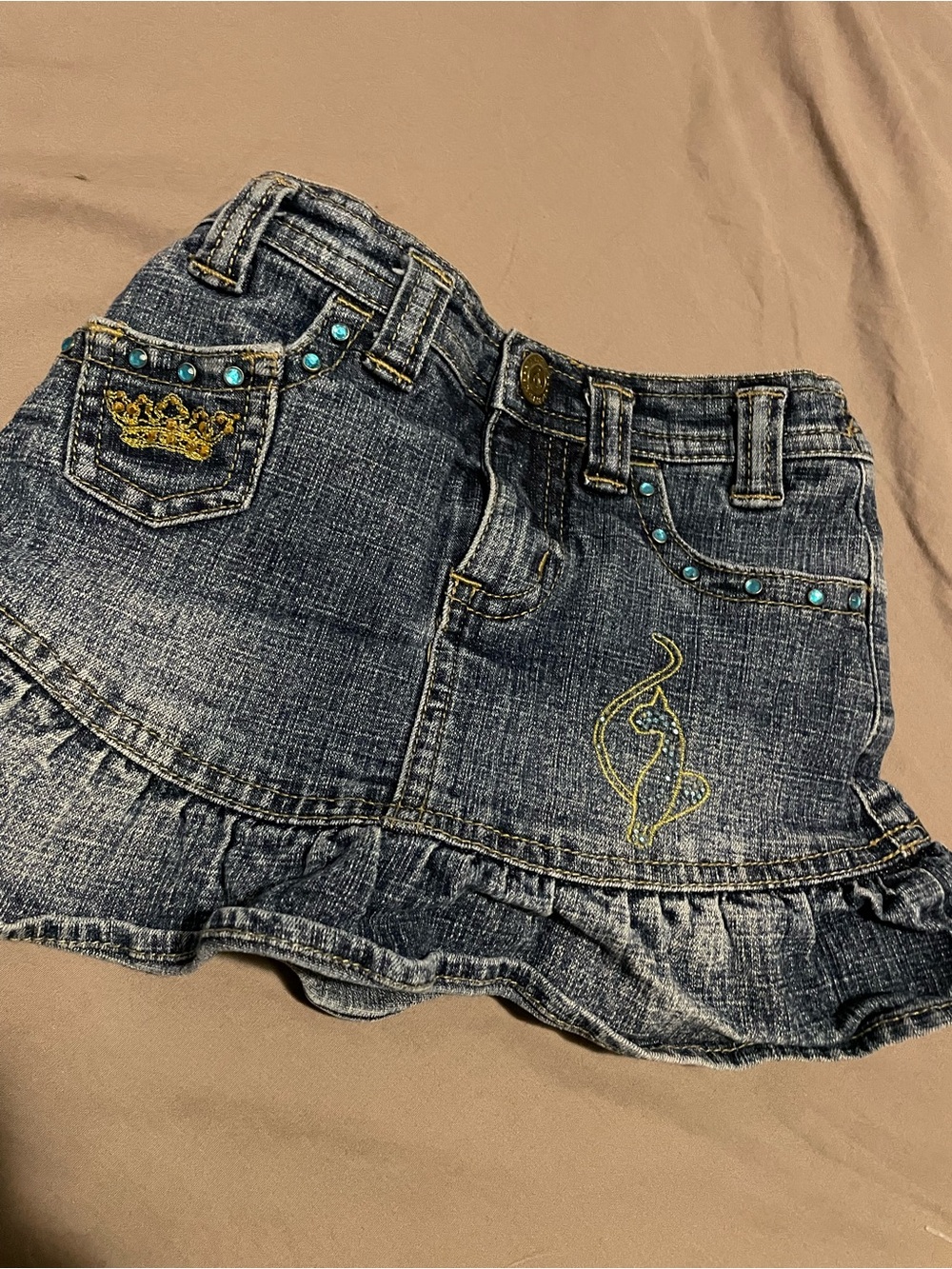 Y2K Baby Phat Girls Blue Denim Ruffle Skirt with Turquoise Studs